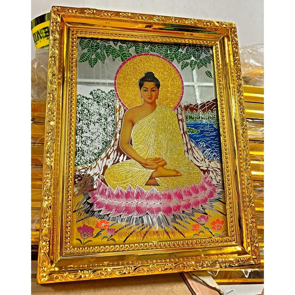 Tranh Kiếng Thích Ca Mâu Ni chạm - Nền Gương - Khung nhựa cứng loại tốt mạ vàng xi