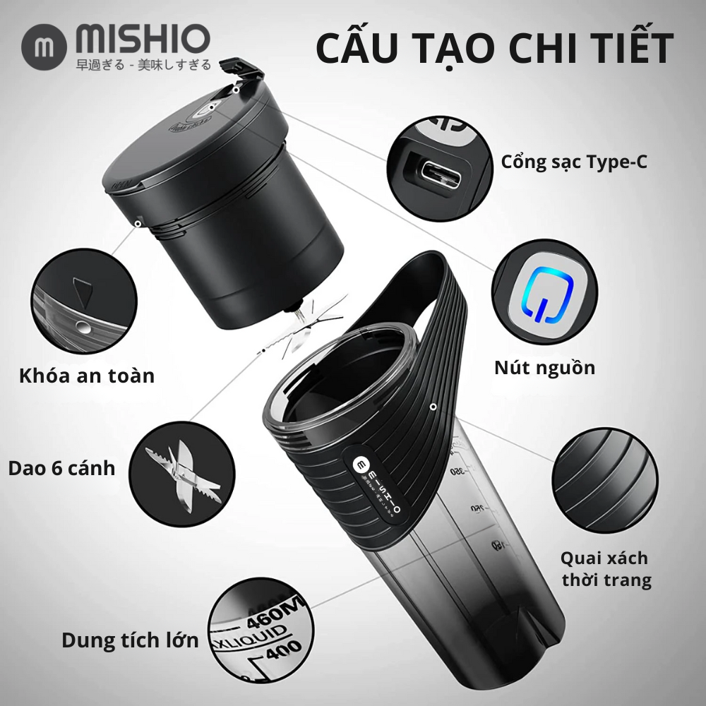 Máy xay sinh tố chạy pin 400ml Mishio MK371 cầm tay mang đi mọi nơi dễ dàng - Hàng chính hãng