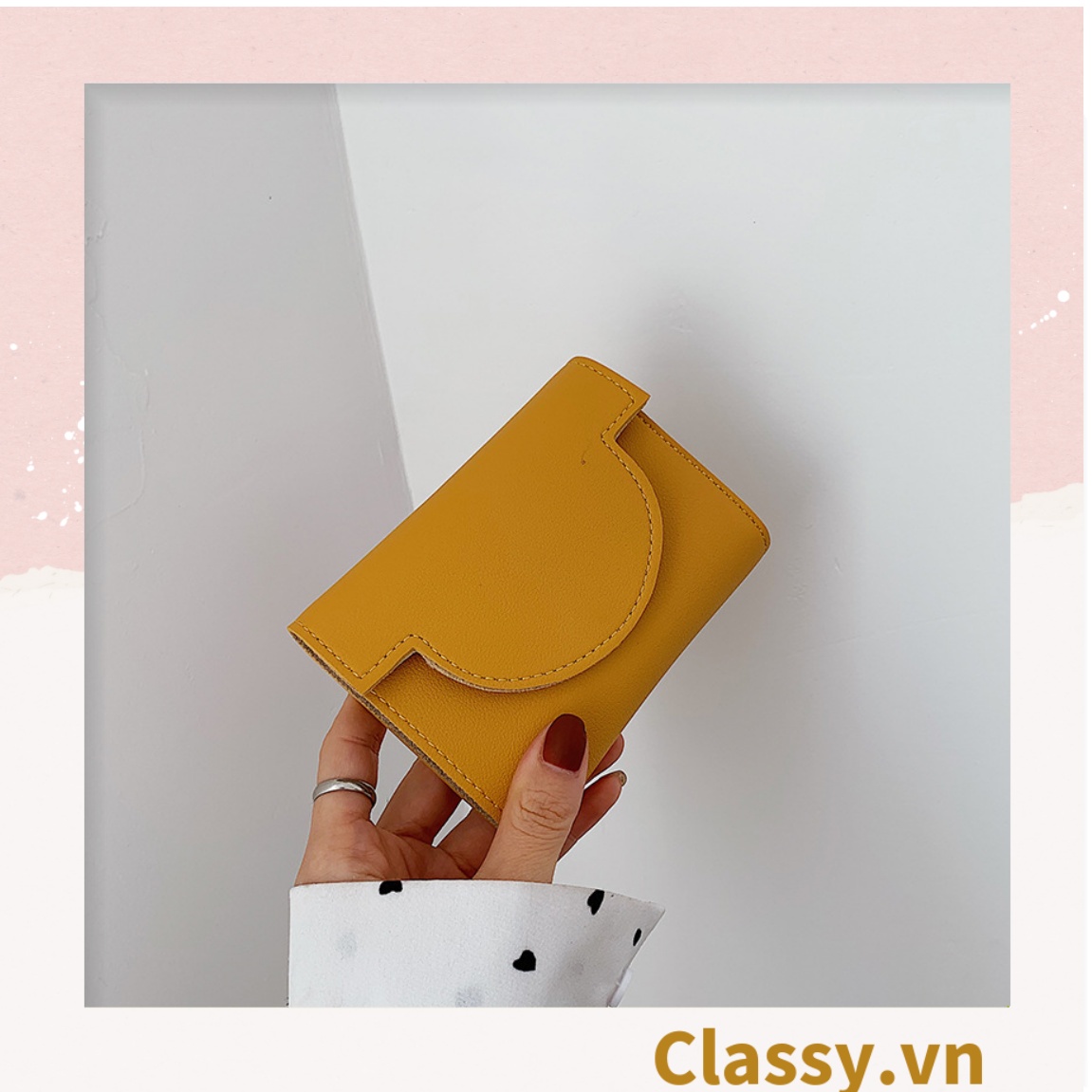 Ví nữ ngắn dạng gập màu trơn, nhiều ngăn đựng thẻ, có nút bấm T1308