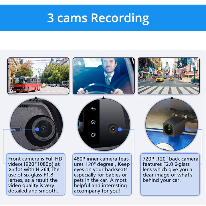 Camera hành trình cao cấp Phisung E09-3 tích hợp 3 camera, GPS, 4G, Android, Wifi