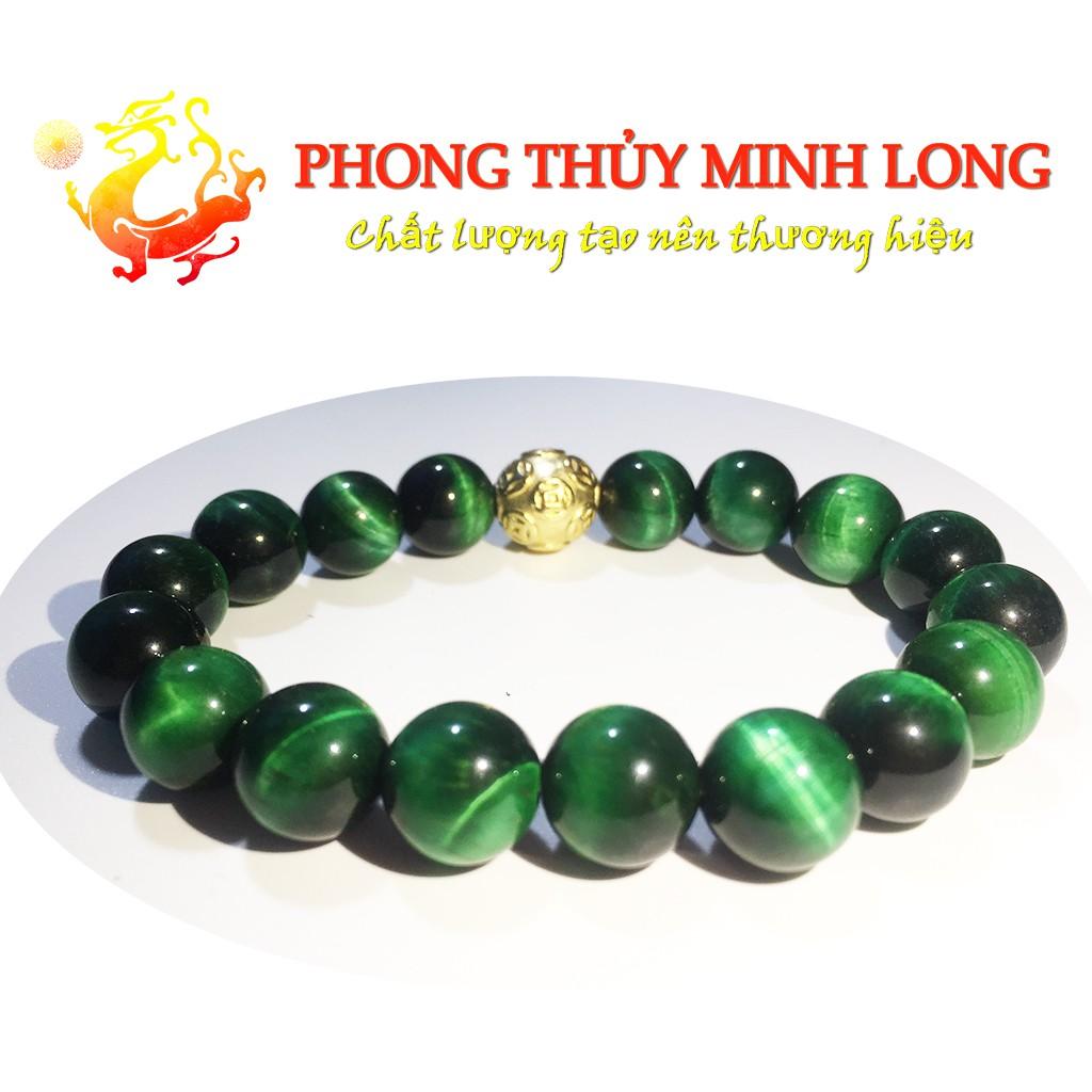 Vòng tay đá Mắt Hổ Xanh Lá chất lượng 5A mix 1 hạt kim tiền Vàng hợp mệnh Mộc và Mệnh Hỏa