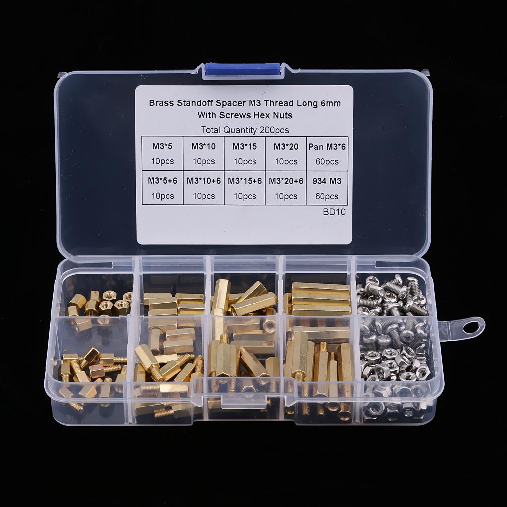 200 Pieces M3 Male Female Hex Brass Spacer Standoff Screw Nut Assortment Kit