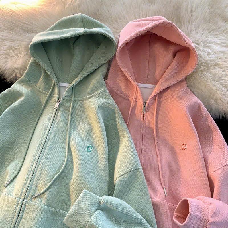 [FREESHIP] Áo Khoác Nỉ Hoodie Nữ Với Dáng kiểu Khóa Zip Có In Chữ C  HTM FASHION - Kem