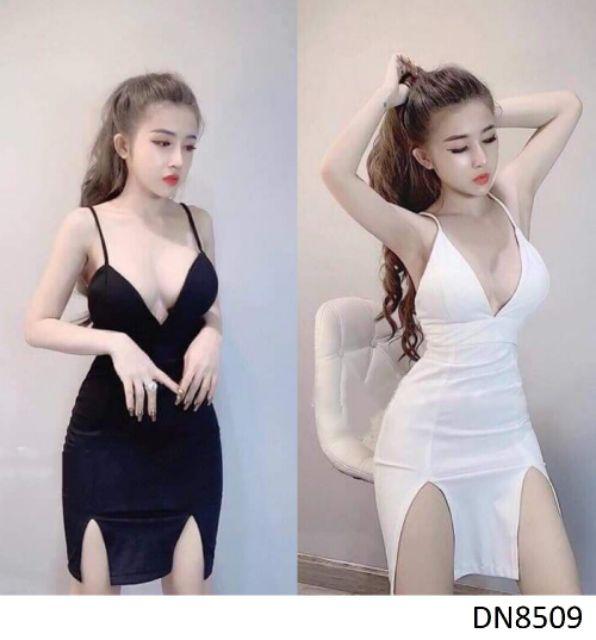 Đầm 2 dây hở ngực xẻ tà siêu sexy