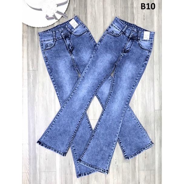 Quần Jeans Nữ Ống Loe Dài Lưng Cao 2 nút Co giãn