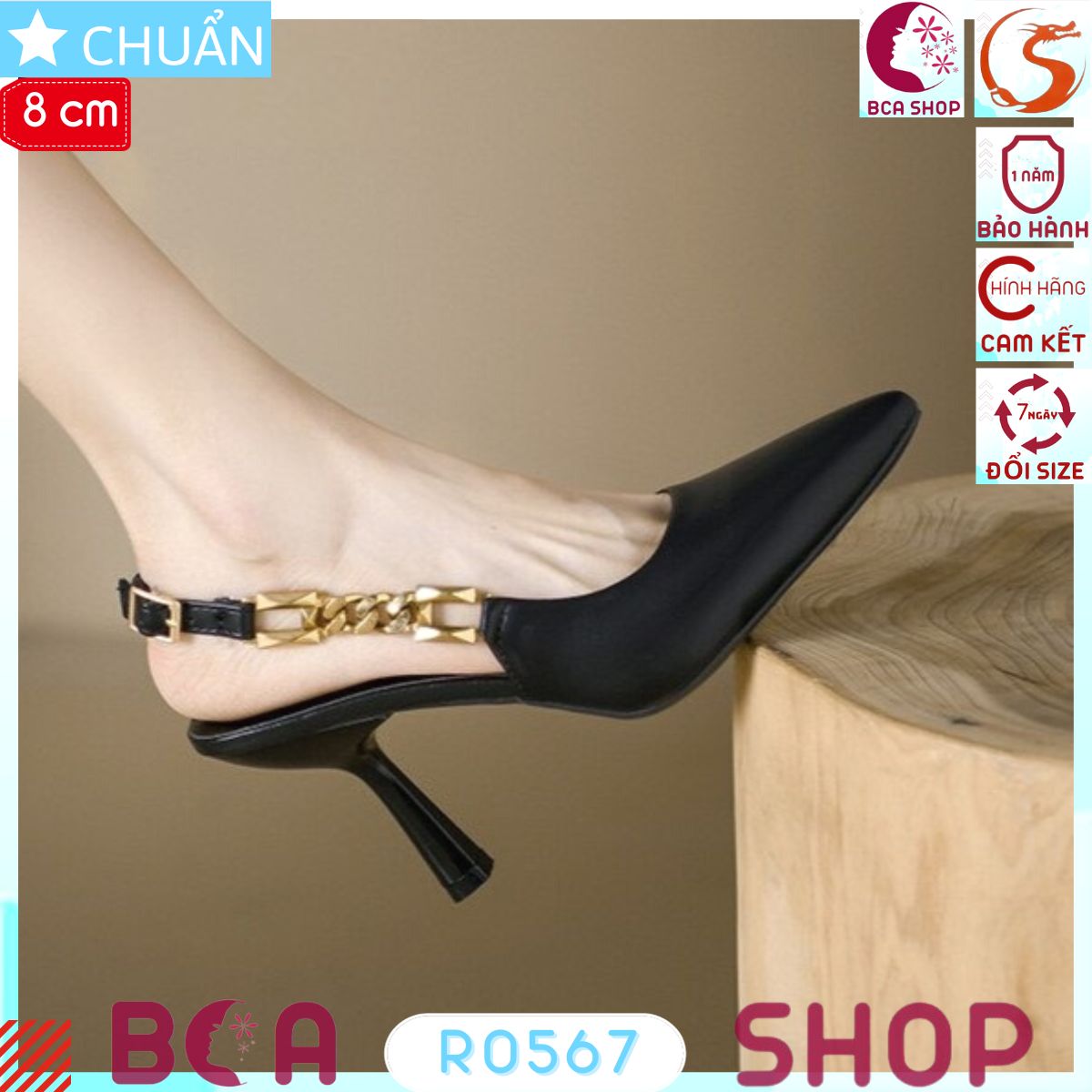 Giày gót nhọn nữ 8p RO567 màu đen ROSATA tại BCASHOP quai vòng sau gót lại phối dây kim loại sang trọng và thời thượng