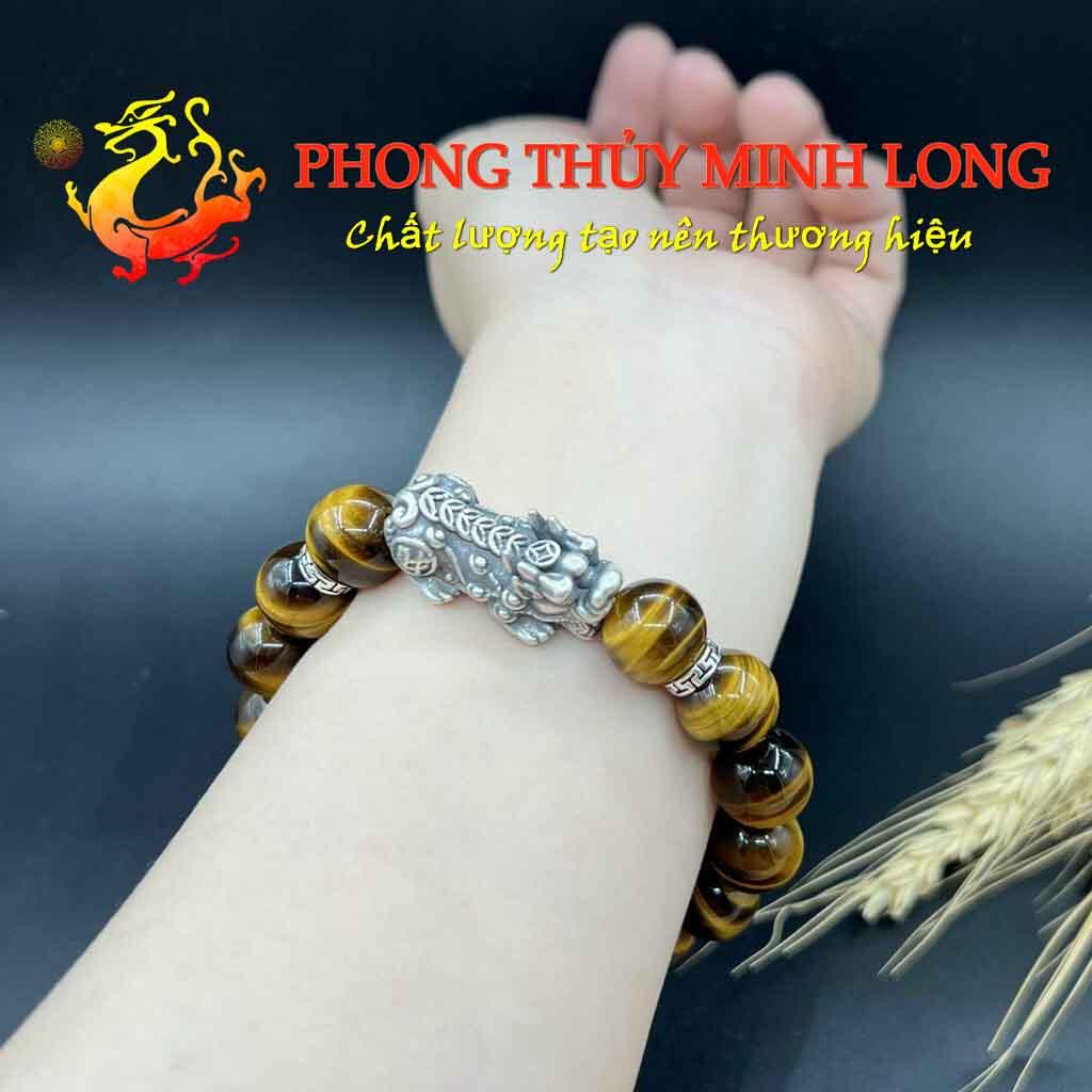 Vòng đá mắt hổ Vàng Nâu chất lượng 5A mix Tỳ Hưu bạc Thái hợp mệnh Thổ và Kim