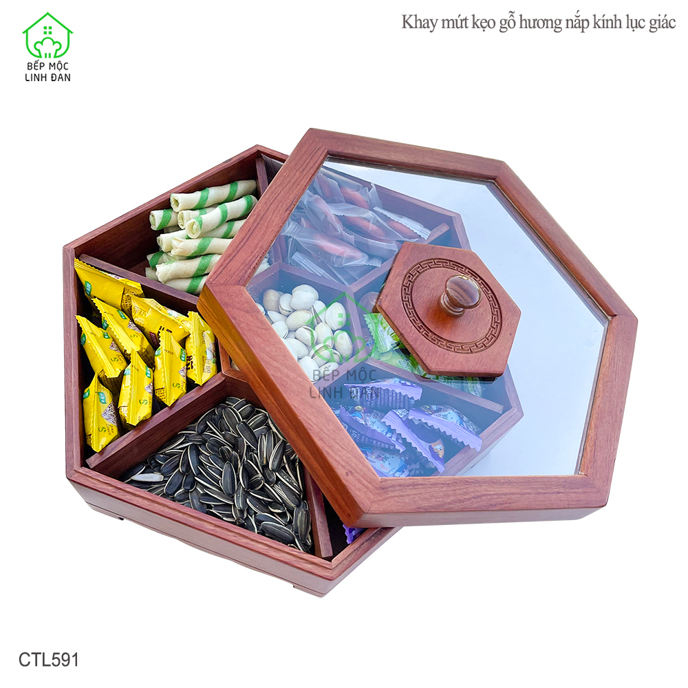 Khay gỗ Hương đựng bánh kẹo, mứt tết - Nắp kính hình lục giác, mẫu mới nhất - CTL591