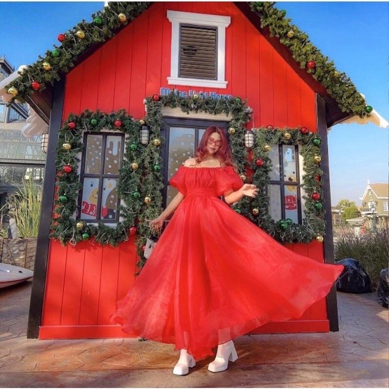 Đầm váy maxi tơ phồng lót lụa mút ngực cổ V tay bồng tím đỏ hồng Ivy.fashion đi biển dự tiệc dạo phố bigsize gợi cảm s