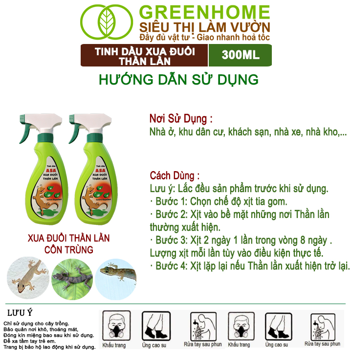 Chế Phẩm Xua Đuổi Thằn Lằn Greenhome, ASA, Chai 300ml, Xua Đuổi Thằn Lằn Mạnh Mẽ, Hiệu Quả Lâu Dài