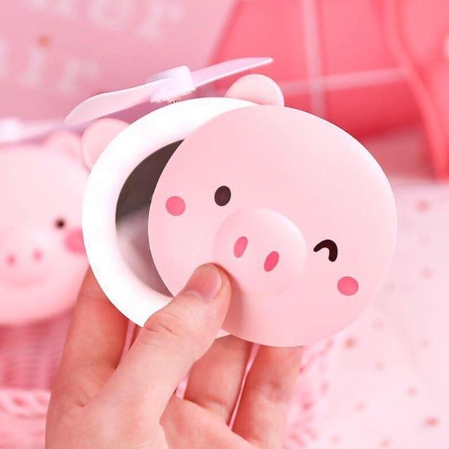 Gương đèn quạt sạc usb 3in1 hình heo siêu cute