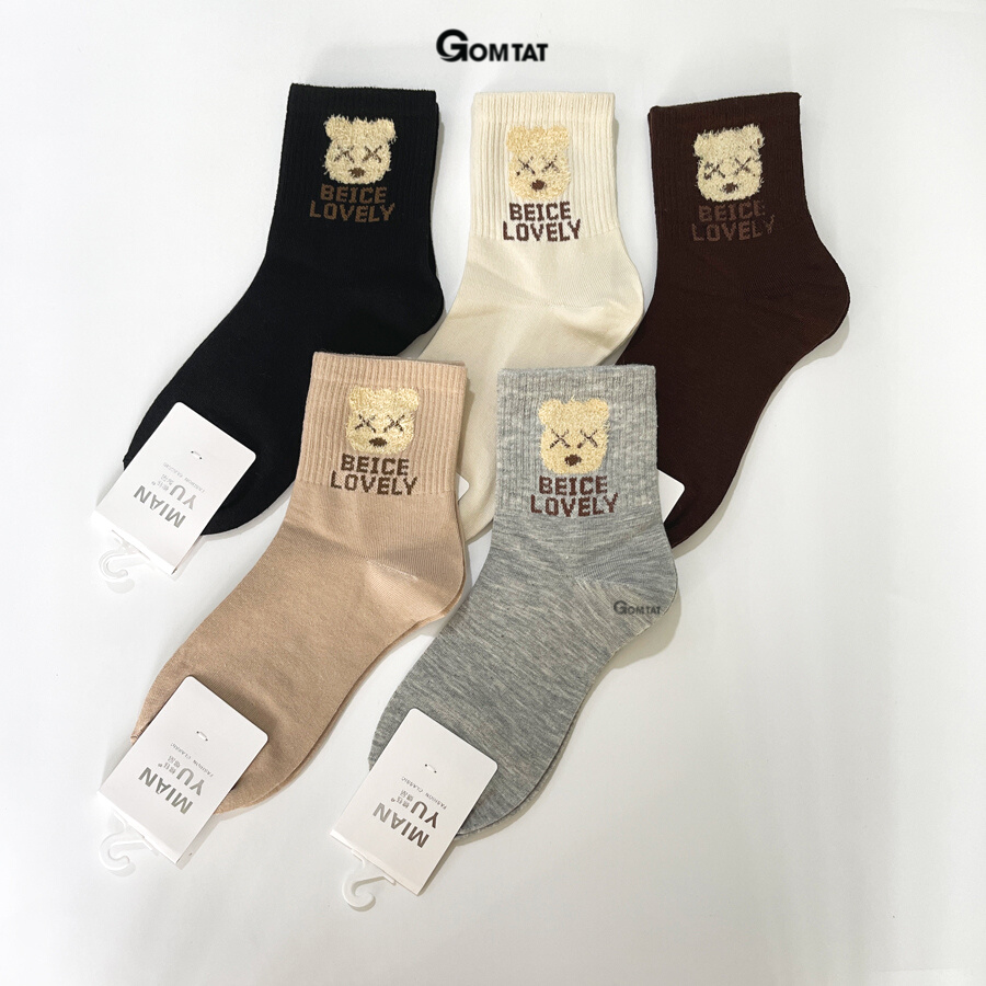 Tất Nữ Cổ Lửng GOMTAT Họa Tiết Hình Gấu BEICE, Chất Liệu Cotton Cao Cấp Thoáng Khí - LISU17-LUNG-GAU-BEICE