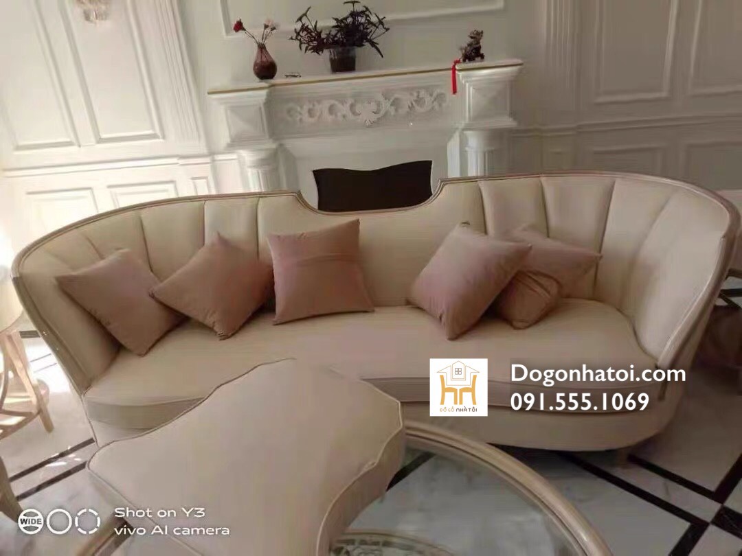 Bộ Sofa Màu Trắng Kem, Dát Lá Vàng Phòng Khách Tân Cổ Điển SF411 - Đồ Gỗ Nhà Tôi