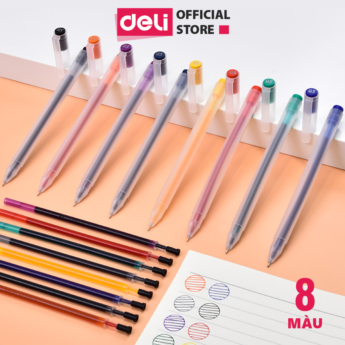 Set Bút Gel Nhiều Màu Deli – 8 Màu Kèm 8 Ống Mực Thay Thế - 33160