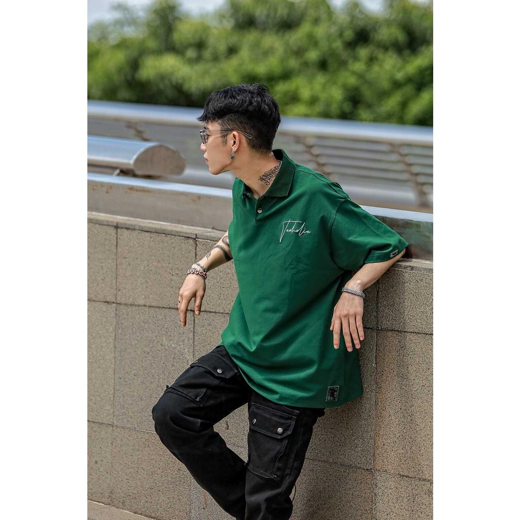 Áo Polo Unisex Form Rộng Thêu Logo TeeHolic Màu Xanh Lá