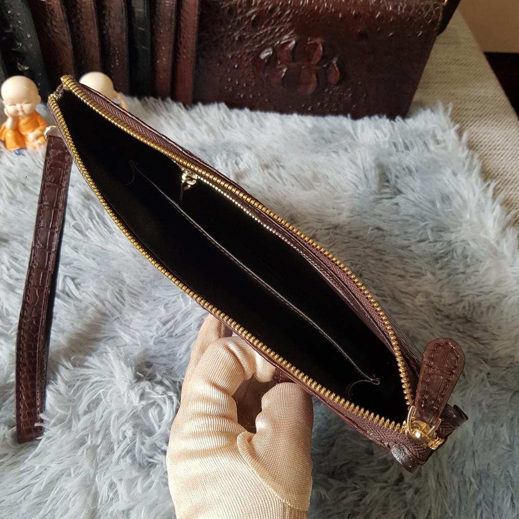 Ví Cầm Tay Cá Sấu | Ví Clutch Da Cá Sấu Da Gù To | Màu Nâu Cafe | Da Nguyên Tấm