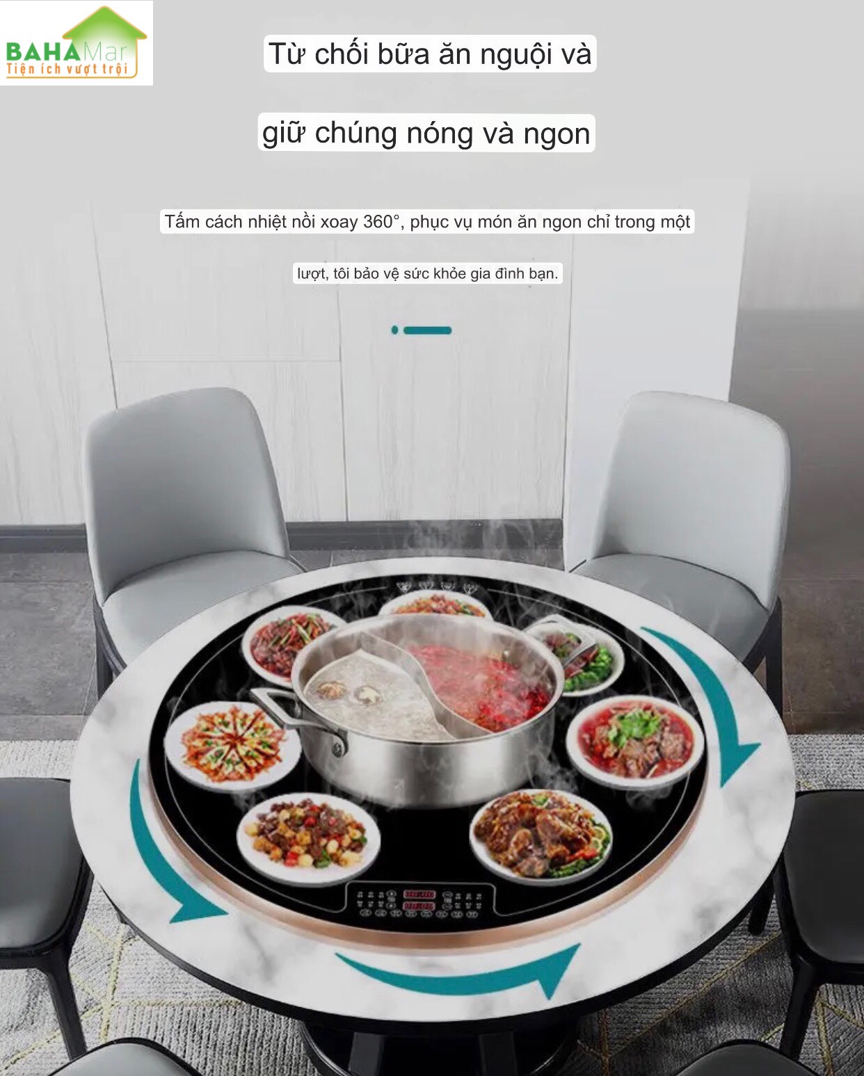 MÂM 80CM GIỮ ẤM MÓN ĂN SUỐT BỮA VÀ TÍCH HỢP KÈM BẾP NẤU LẨU Ở GIỮA CÓ THỂ XOAY TRÒN "BAHAMAR" Vừa giữ ấm thức ăn trong bữa vừa đun nấu tại bàn