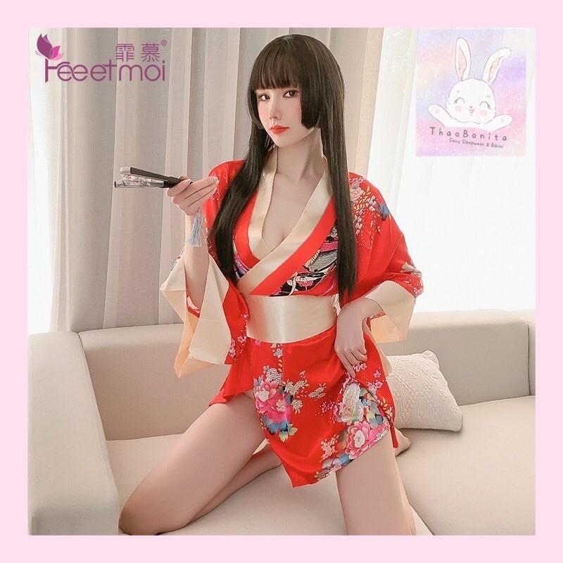 Set KIMONO Hoa đỏ, đen cao cấp, Cosplay cổ trang cực đen T211 GIAO HOẢ TỐC HCM