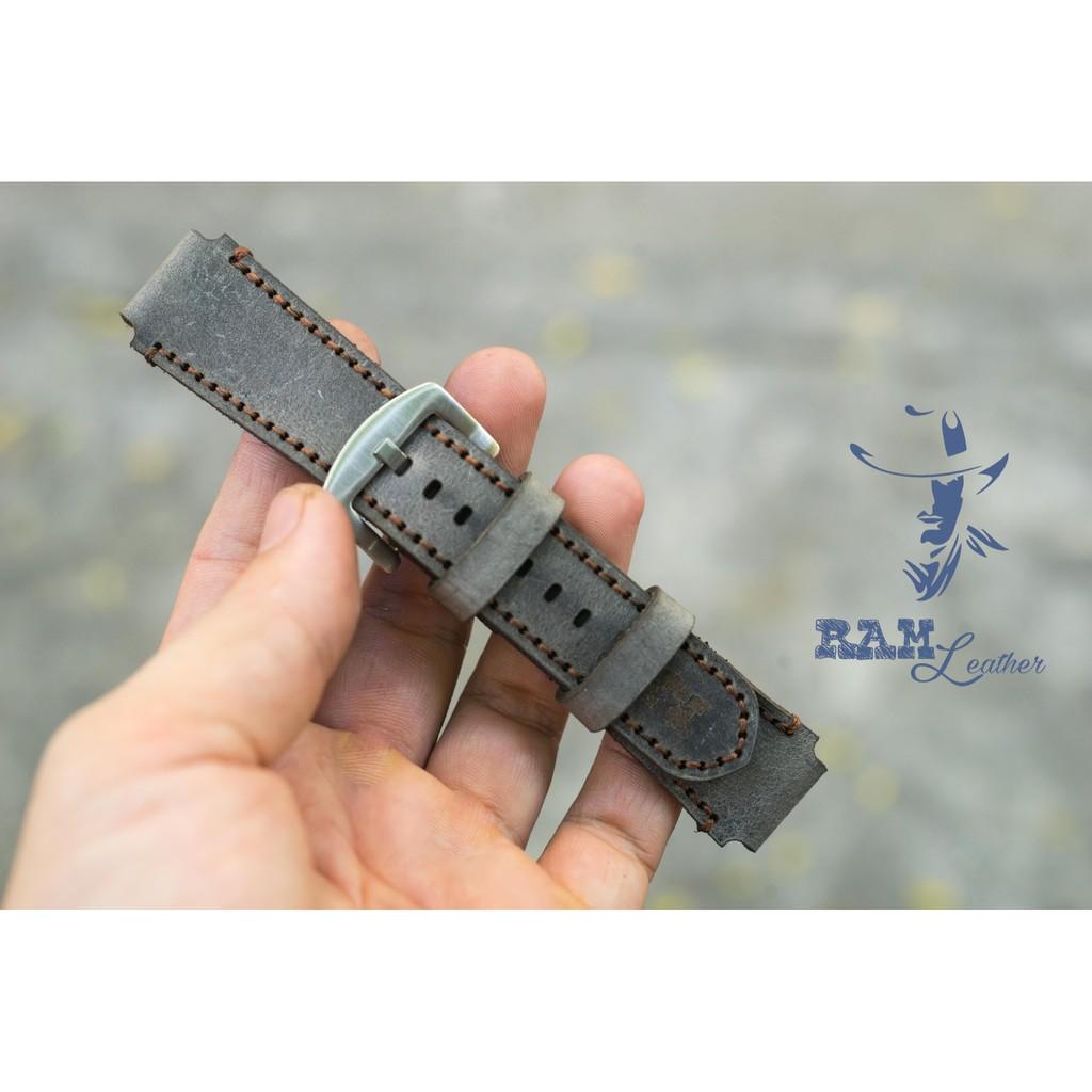 Dây casio ae1200 / seiko5 / orient sk da bò xám quân đội đức handmade  RAM 1939 (tặng đầy đủ khóa + chốt + cây thay dây