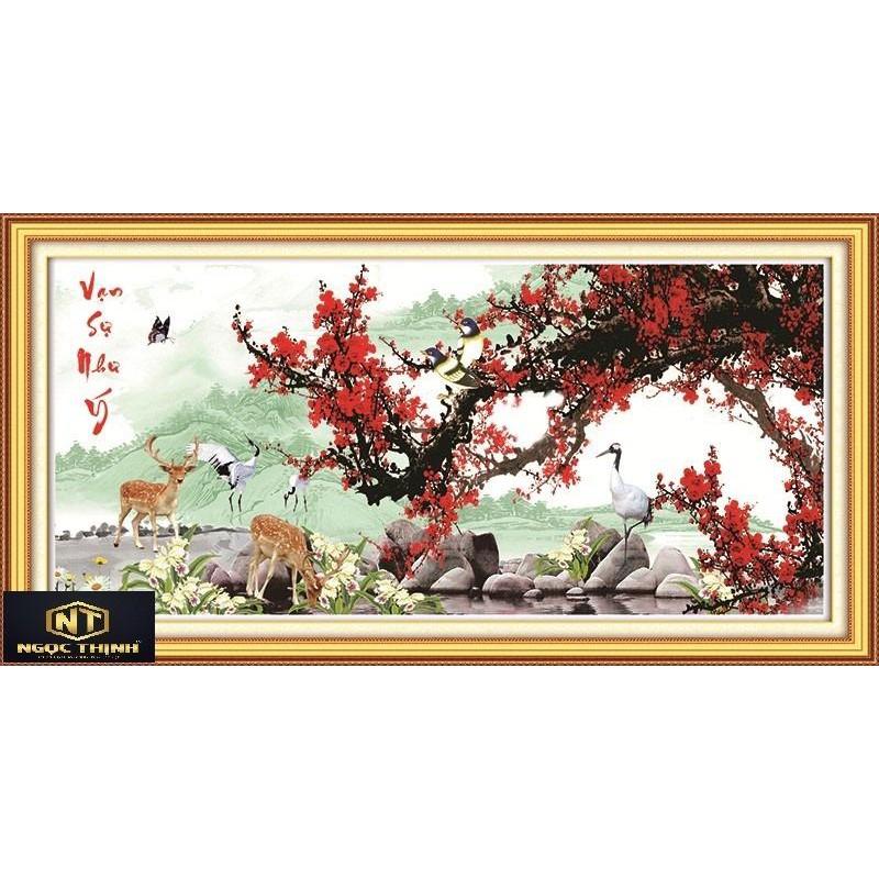 Tranh đính đá Vạn Sự Như Ý hoa đào hạc và hươu tài lộc VS328 KT:120cmx60cm