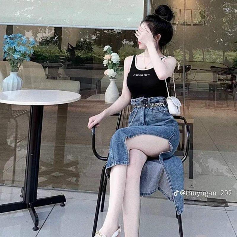 Chân vày bò dài xẻ tà kèm đai chất co giãn_chân váy jean đai Wang