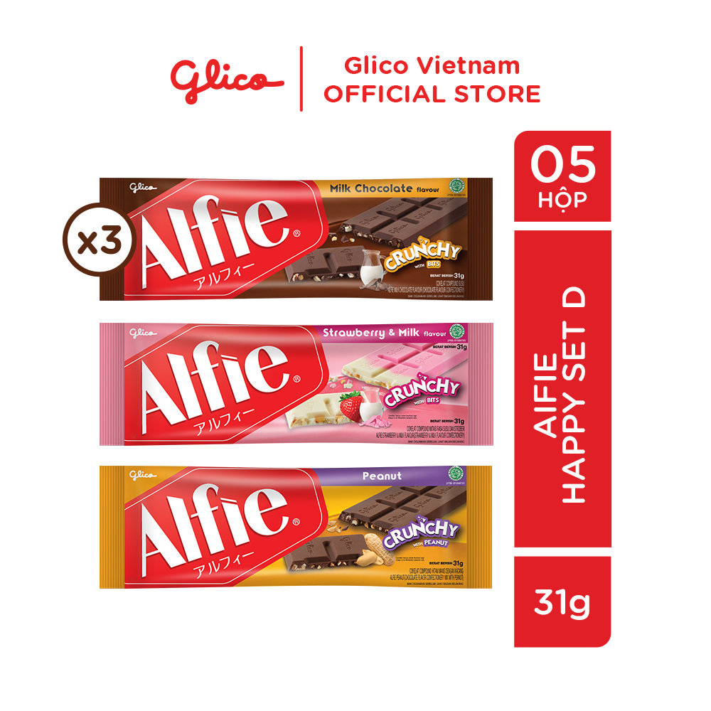 Combo 5 thanh cocola Glico Alfie Mix vị (3 Chocolate -1 Strawberry -1 Peanut)