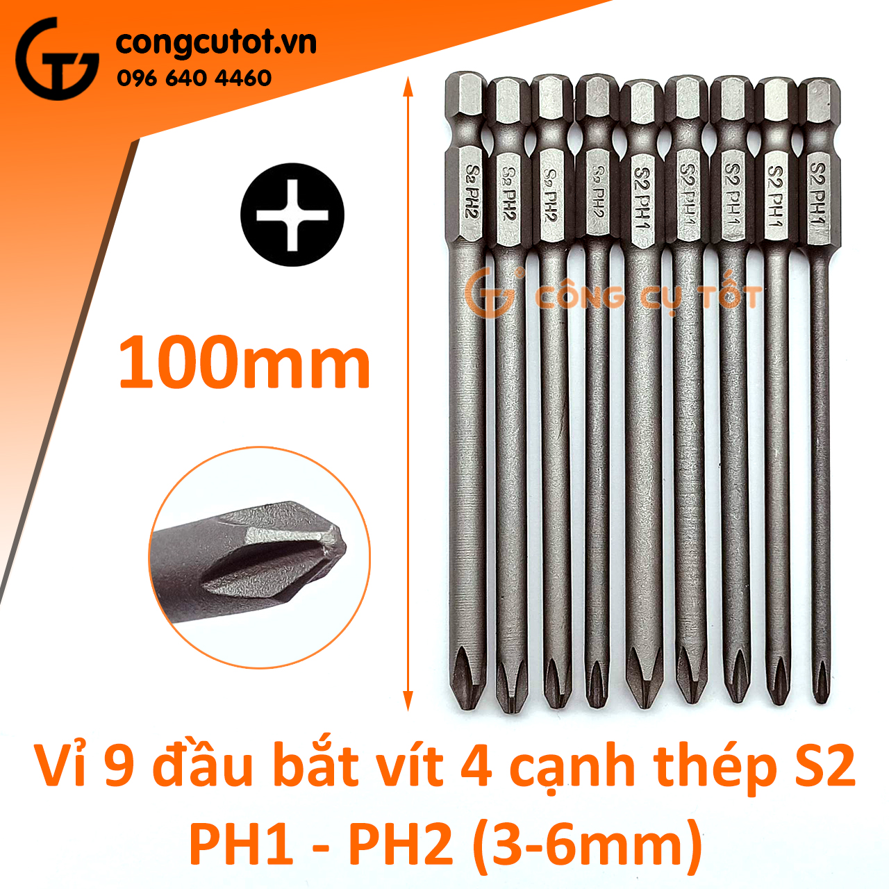 Vỉ 9 đầu bắt vít 4 cạnh chuôi lục thép S2 Φ3 - Φ6mm dài 100mm