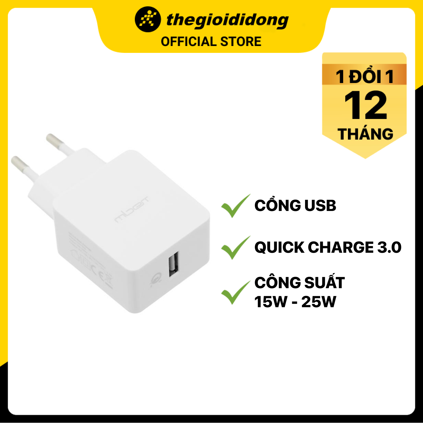 Adapter sạc USB Qualcomm 3.0 18W Mbest DS136S Trắng - Hàng Chính Hãng