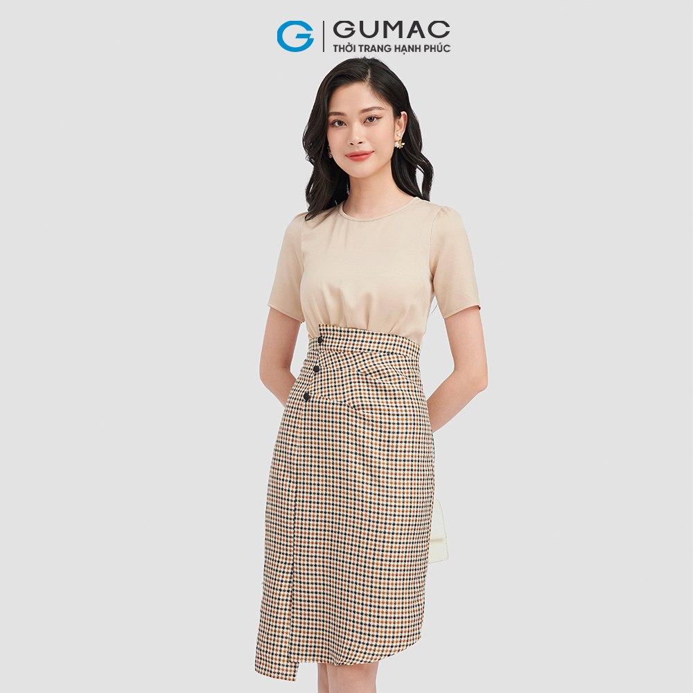 Đầm dáng ôm GUMAC DC09039 caro phối lụa