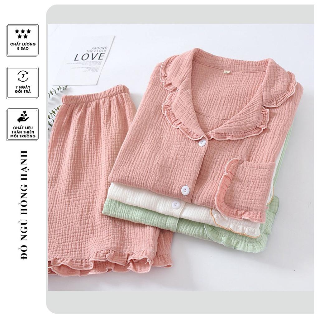 Bộ pyjama bèo nữ mùa hè, Bộ mặc nhà đùi Xô Muslin cộc tay trơn TH01