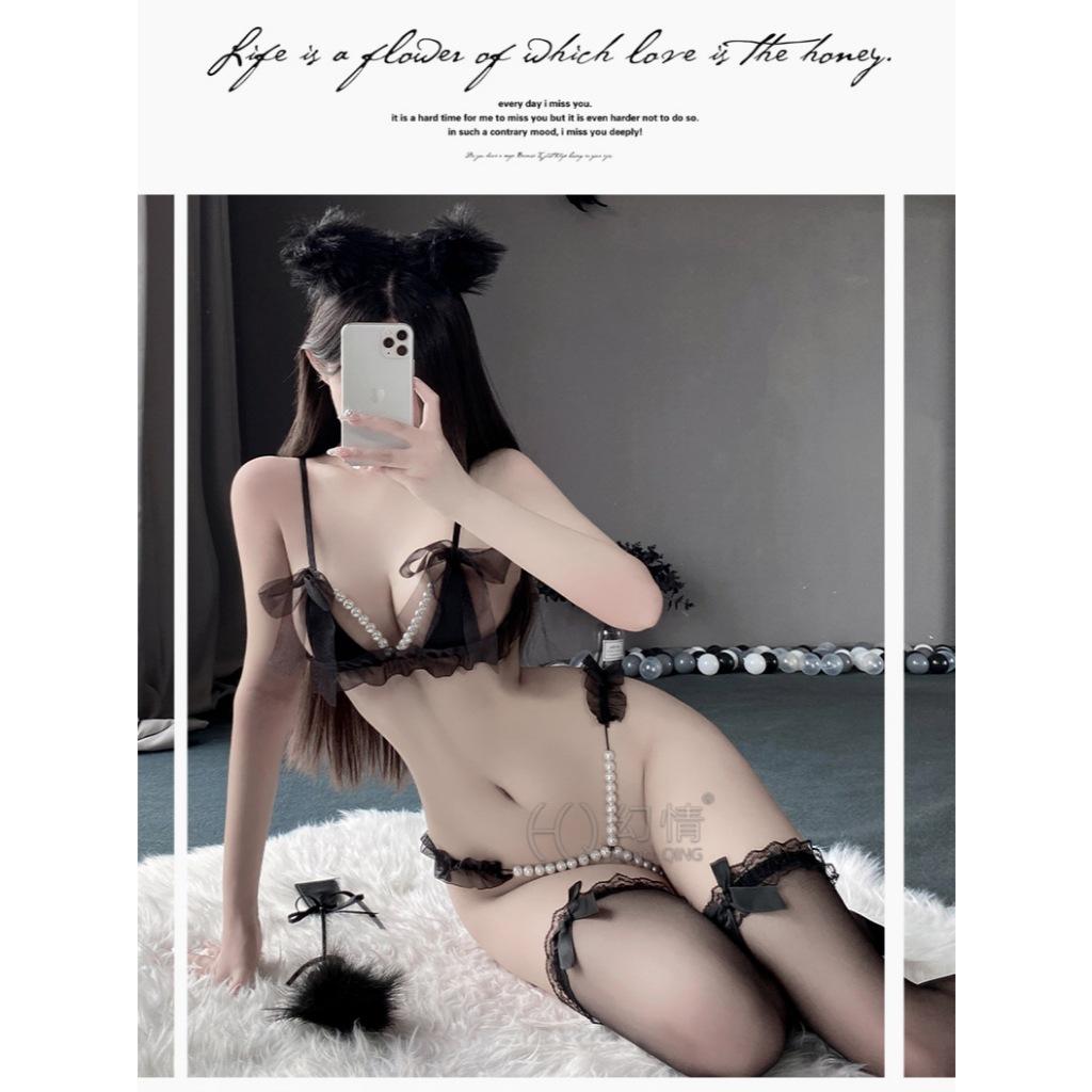Bộ Đồ Lót Ren Sexy Có Đính Hạt Gợi Cảm Gồm Áo Bra Và Quần Lót ,Đồ Lót Ren Nơ Quyến Rũ C054