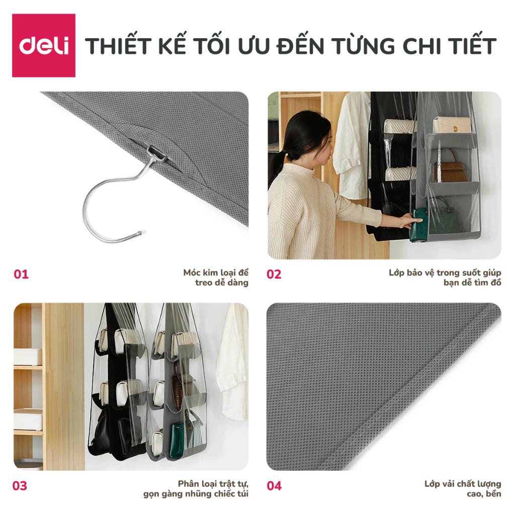 Túi treo giỏ xách, túi xách đa năng 6 ngăn Deli, chống bụi chống ẩm mốc sắp xếp tủ quần áo