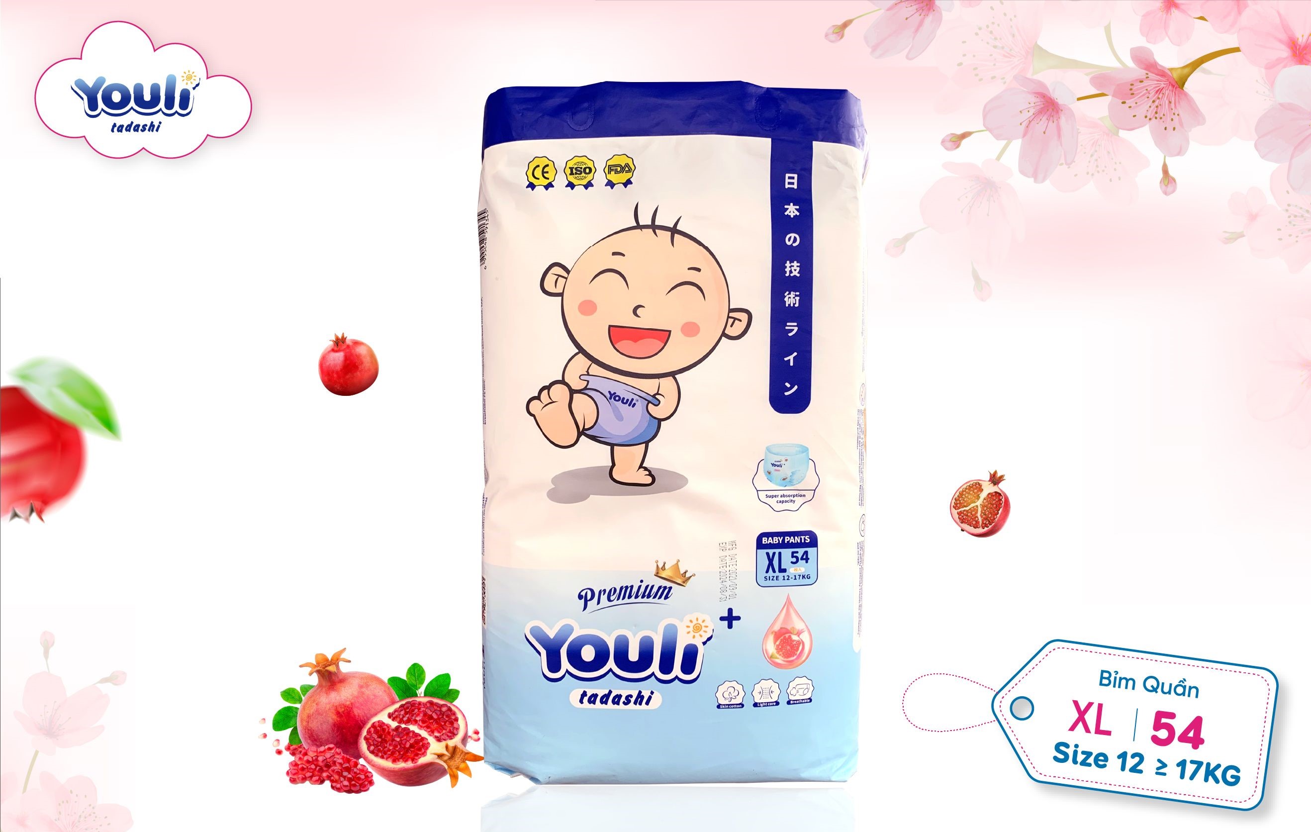 TÃ BỈM YOULI TÝ QUẬY QUẦN SIZE L 60 MIẾNG CHO BÉ 9-14KG