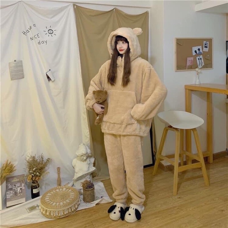 Bộ đồ ngủ lông cừu nữ tai gấu túi trước siêu ấm áp, Đồ bộ mặc nhà nữ áo hoodie siêu sinh nhiệt bất chấp rét đại hàn