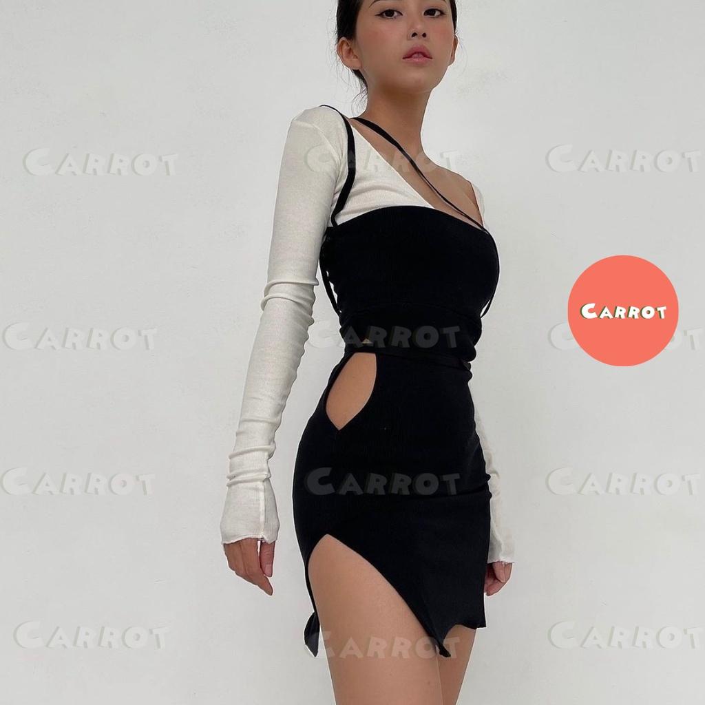 Đầm body sexy tay dài carrotxinhdep váy ôm eo ôm ngực màu đen ngắn dự tiệc chất thun gân co giãn tặng kèm áo trắng