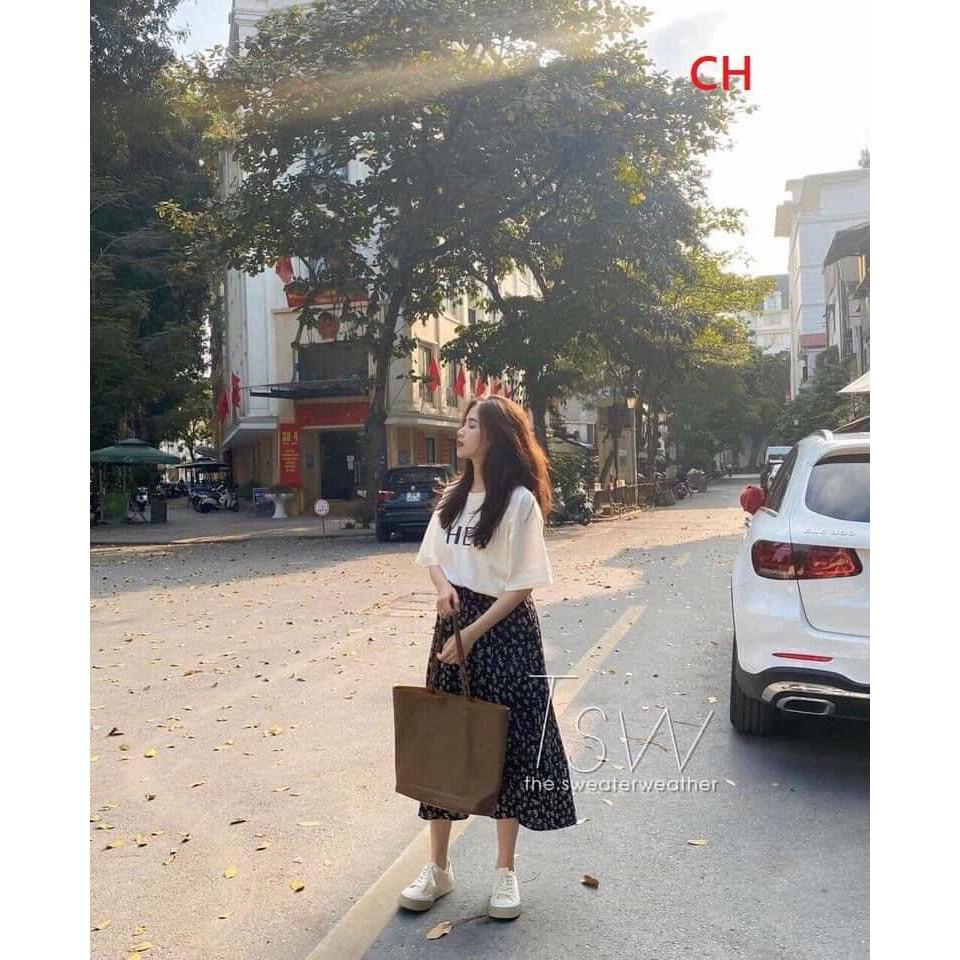 Sét áo thun và chân váy hoa nhẹ nhàng tiểu thư