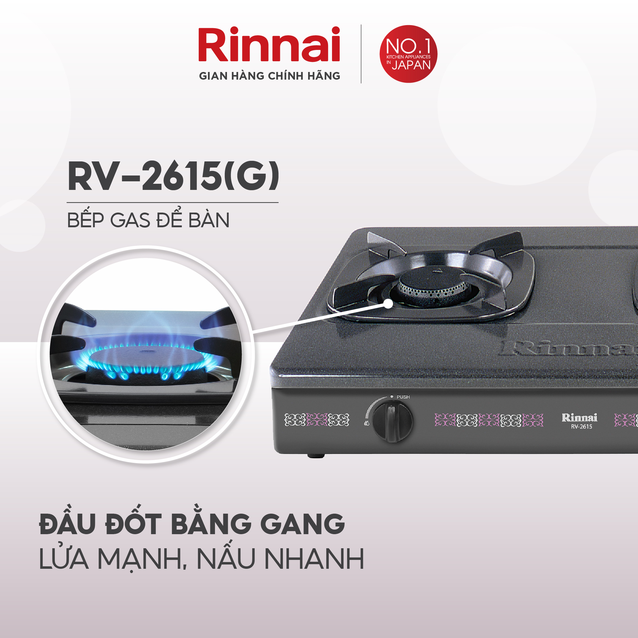Bếp gas dương Rinnai RV-2615 mặt bếp men và kiềng bếp men - Hàng chính hãng.
