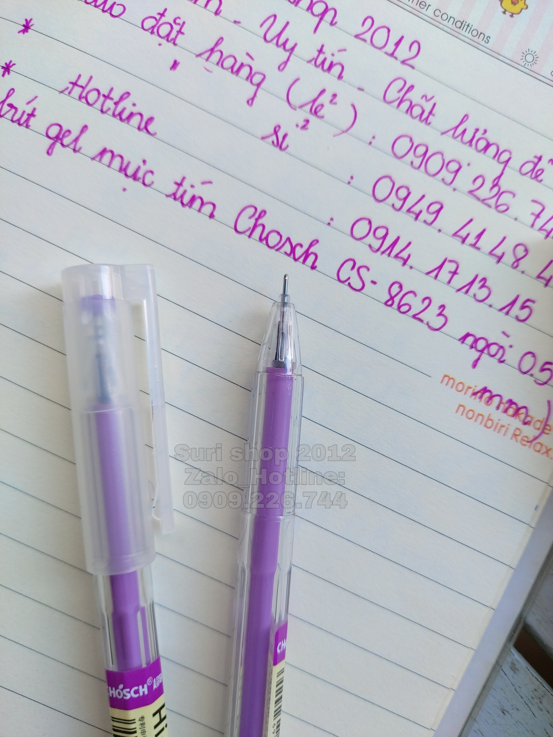 Hộp 12 cây bút gel mực tím Chosch CS-8623 phù hợp với học sinh tiểu học,sinh viên và mọi độ tuổi.