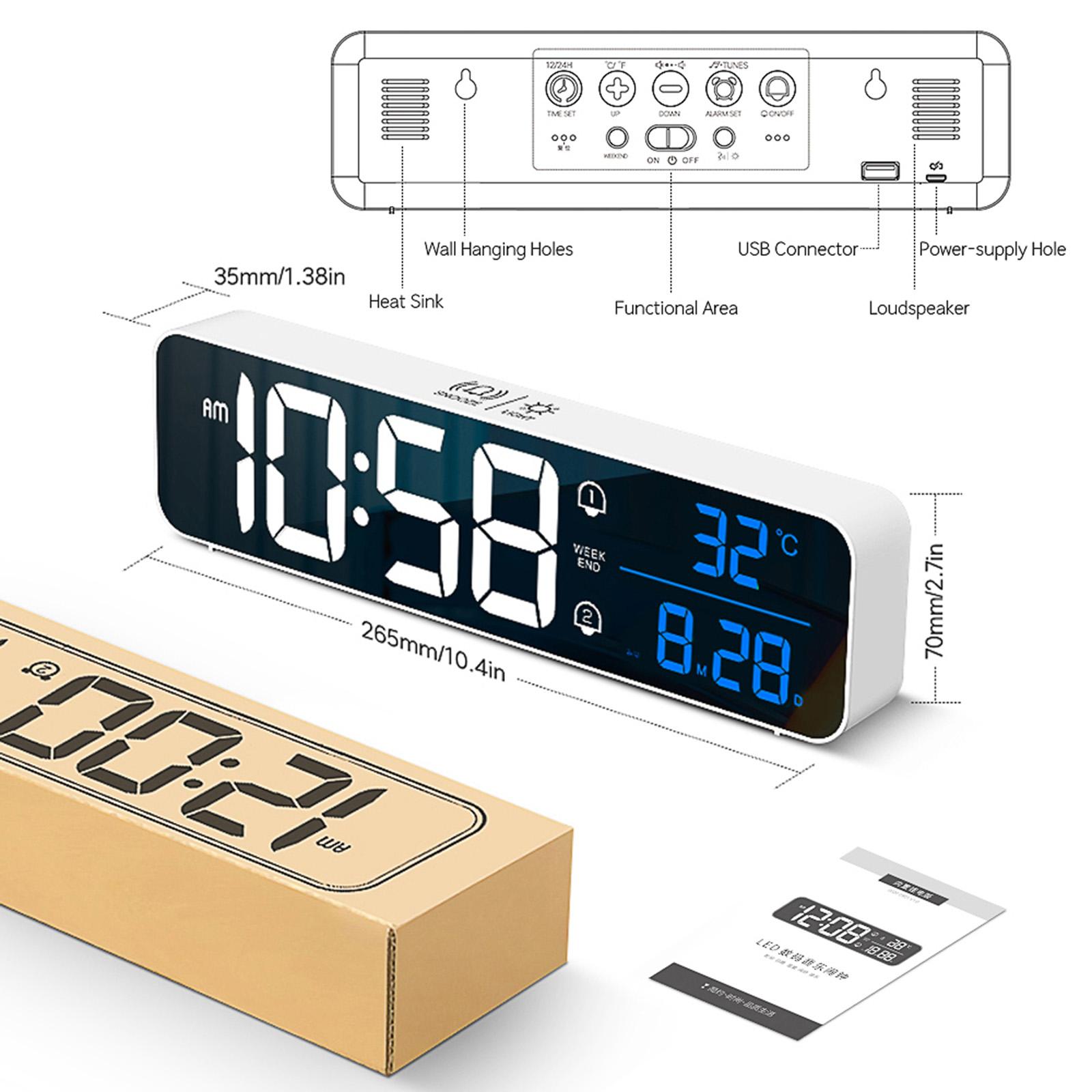 Living Room Mirror Large Digital Alarm Clock LED with Temperature 40 Music 4 Volume, Wall Clock