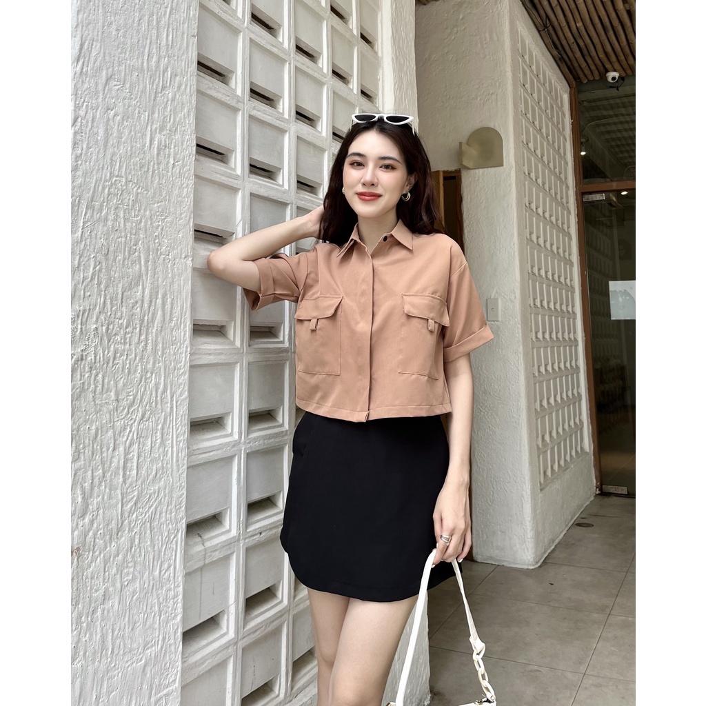 Áo sơ mi croptop ngắn tay phom rộng cá tính