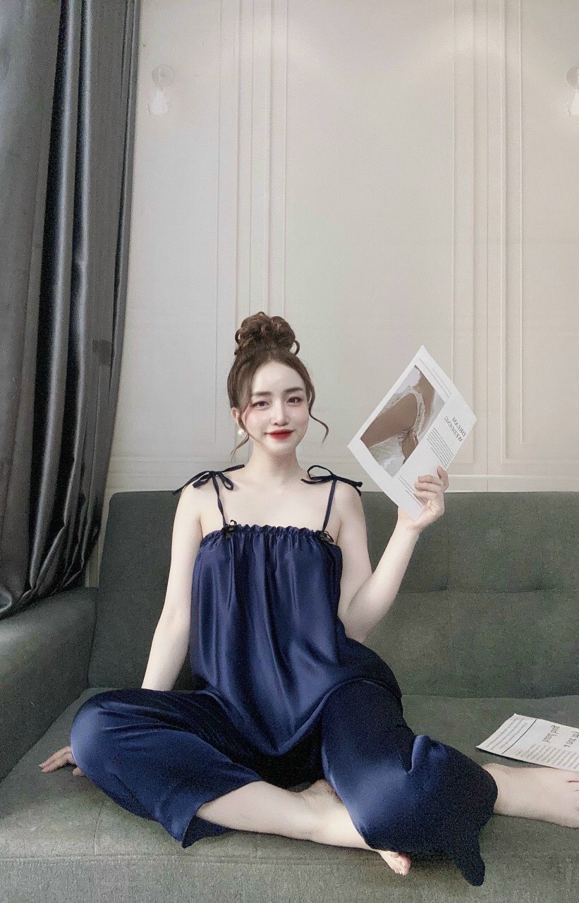 Đồ Bộ Lụa 2 Dây Nữ, Bộ Mặc Nhà 2 Dây Nữ Lụa Satin cột vai, Freesize 40_58kg, tùy chiều cao