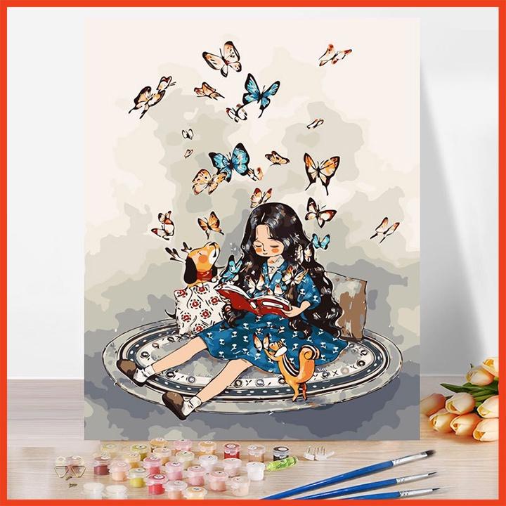 Tranh vải treo tường - Tranh vải decor - Thảm trang trí hình cô gái đang đọc sách, tặng kèm móc treo tiện lợi
