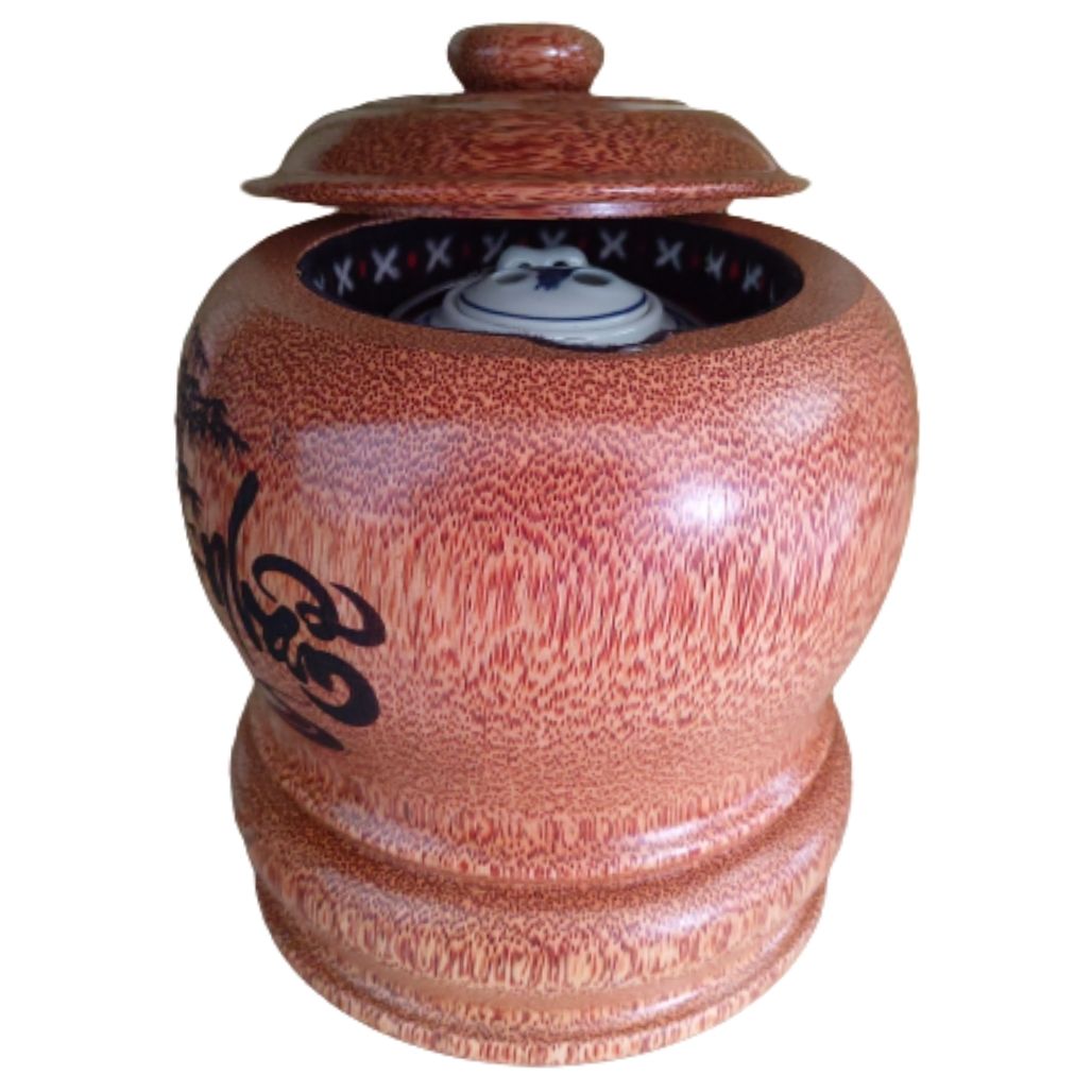Bình Giữ Ấm Trà Gỗ Dừa Khắc Hoa Văn Lồng Chữ "Nhẫn" Và Bình Trà 700 - 950ml - Sản Phẩm Được Sản Xuất Tại Bến Tre