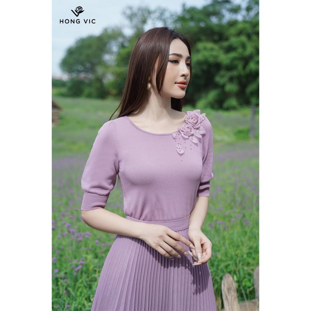 Áo kiểu nữ thiết kế Hongvic len tím cổ tròn AL14