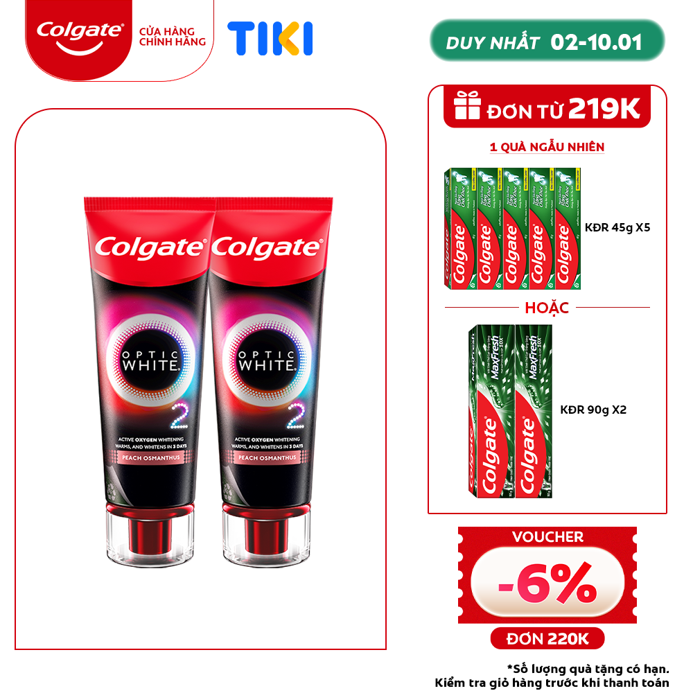 Bộ 2 Kem Đánh Răng Colgate Optic White O2 Oxy Hoạt Tính trắng răng 3 ngày 85g Hương đào