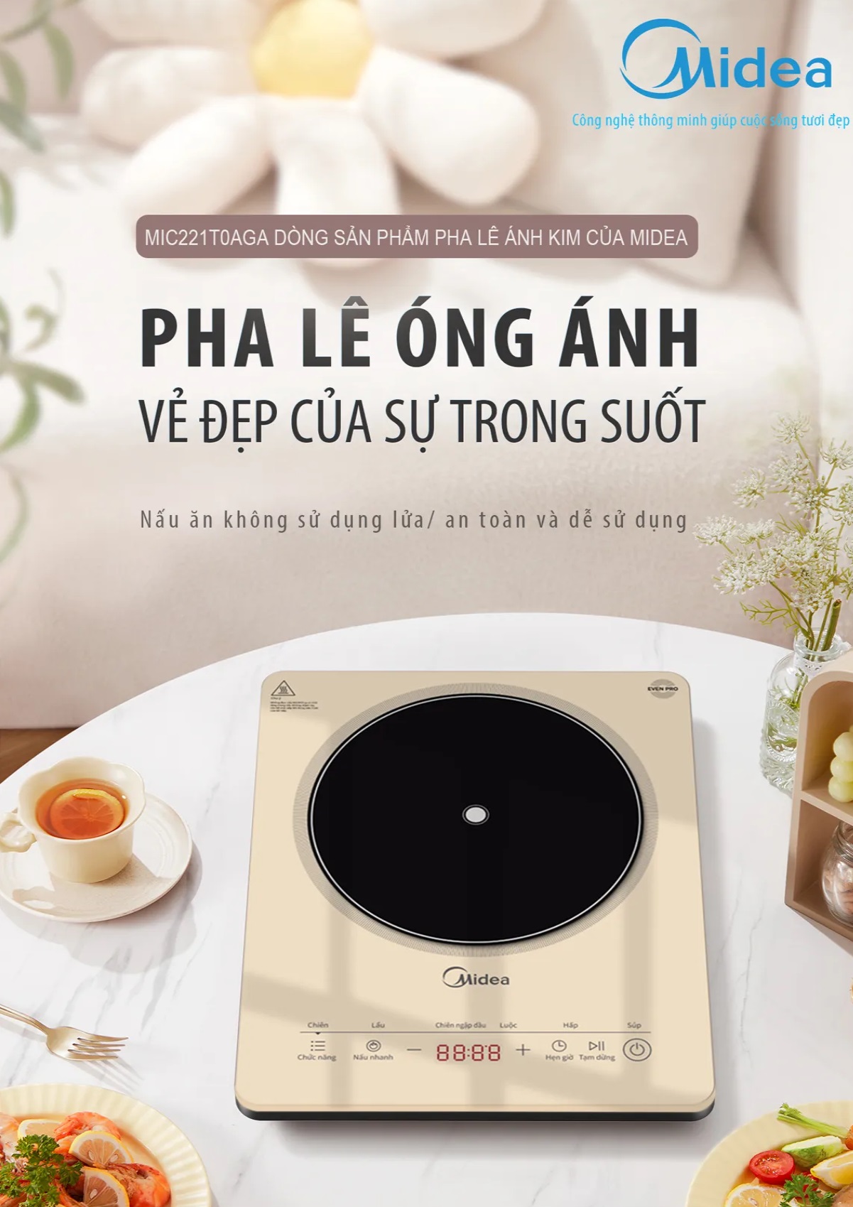 Bếp từ đơn Midea MIC 221 2200W mặt kính pha lê sang trọng, công nghệ từ trường 3D, mâm nhiệt lớn làm nóng trong 5s, cảm ứng hiện đại, có hẹn giờ, tự ngắt khi bỏ nồi, bảo vệ quá nhiệt (TẶNG NỒI LẨU) - Hàng chính hãng