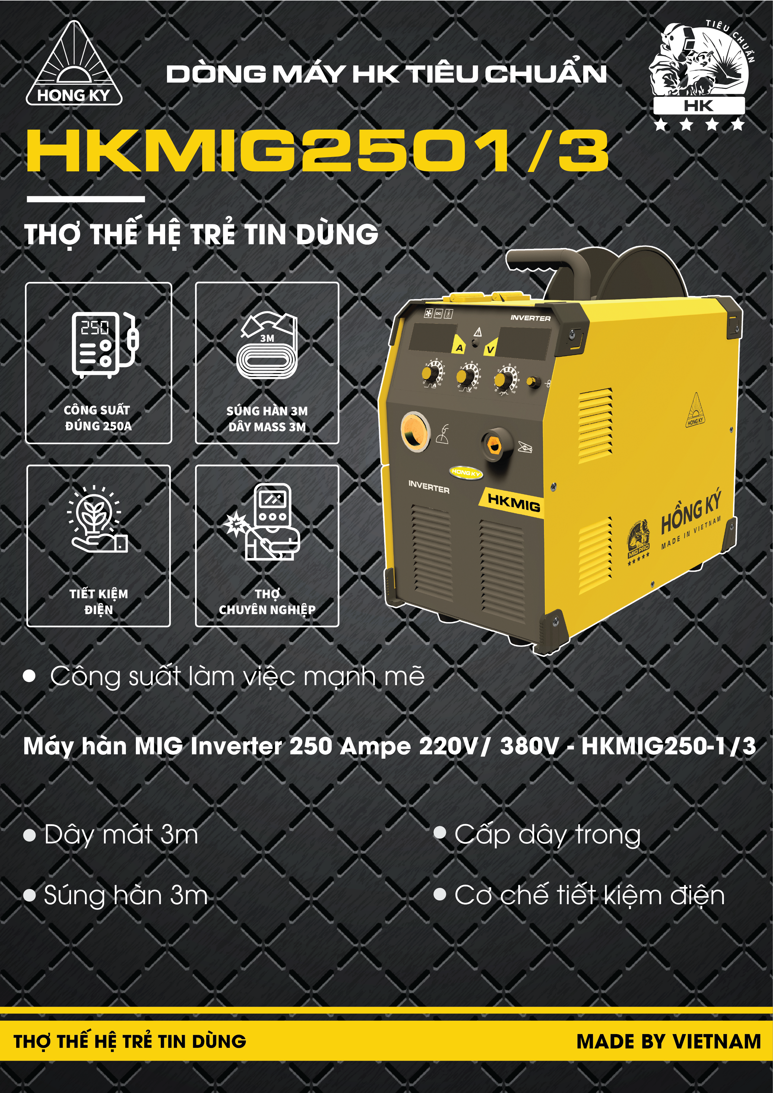 Máy hàn MIG Hồng Ký Inverter 250 Ampe 220V HKMIG250-1