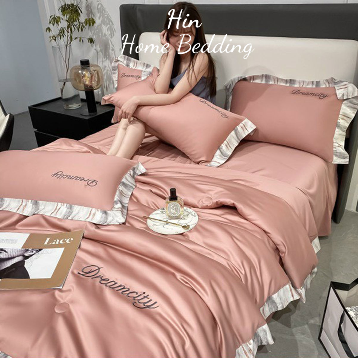 Bộ Chăn Ga Gối Đệm 5 Món Chăn Bông Hin Home Bedding Drap Giường Lụa Mẫu Hồng