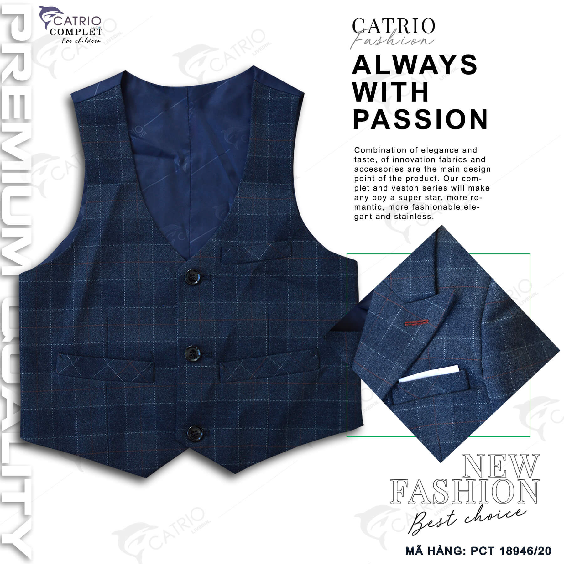 BỘ VEST TRẺ EM CATRIO PCT18946/20 là bộ suit bé trai từ 2 tuổi _ 7 tuổi (11KG .. 28KG), gồm 3 chi tiết ÁO VEST+QUẦN DÀI+ÁO GHILE GILET, vải dạ mềm mượt hoạ tiết kẻ chìm sang trọng bậc nhất trong tiệc cưới hỏi biểu diễn dạ hội