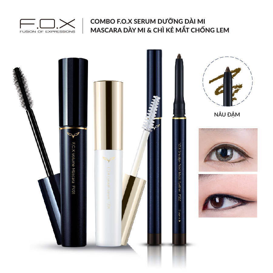 Combo F.O.X Serum Dưỡng Dài Mi - Mascara Dày Mi &amp; Chì Kẻ Mắt Chống Lem